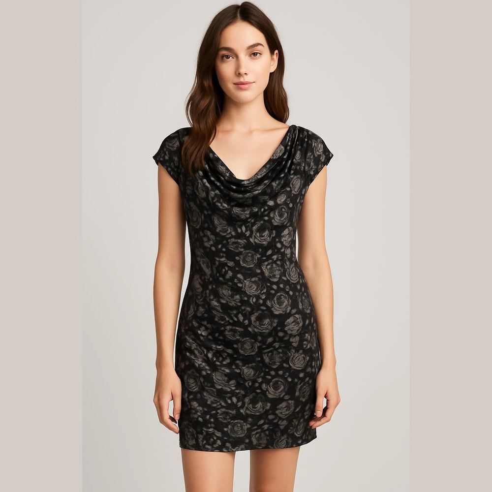 Cato Black Gray Floral Cowl Neck Dress 14 16W
